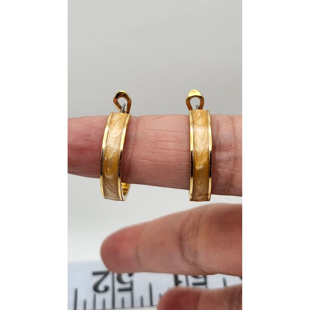 Monet Hoop Clip-On Earrings Gold Tone & Cream Enamel Swirl Vintage